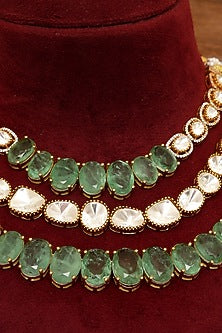 Gold Plated Kundan Polki & Mint Green Stone Layered Necklace Set
