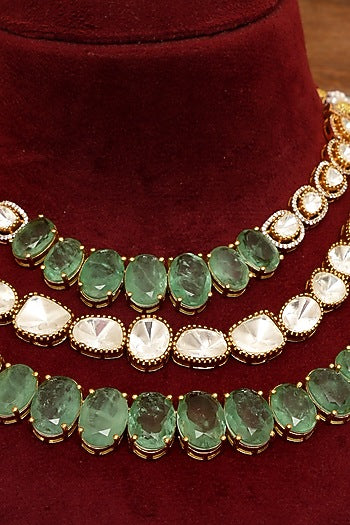Gold Plated Kundan Polki & Mint Green Stone Layered Necklace Set