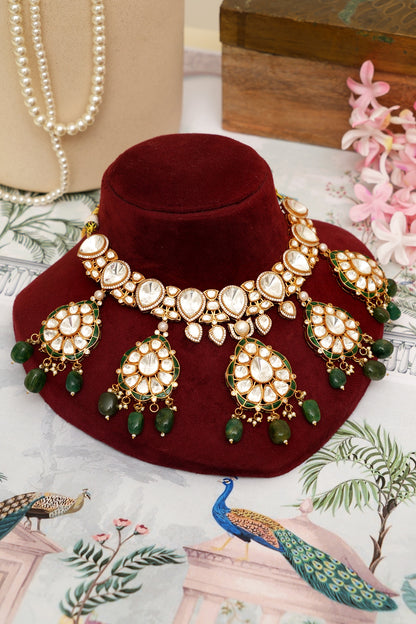 Gold Plated Kundan Polki & Emerald Drop Necklace Set