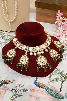 Gold Plated Kundan Polki & Emerald Drop Necklace Set