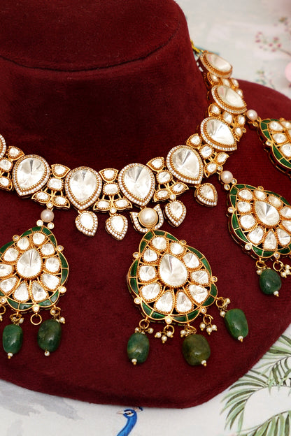 Gold Plated Kundan Polki & Emerald Drop Necklace Set