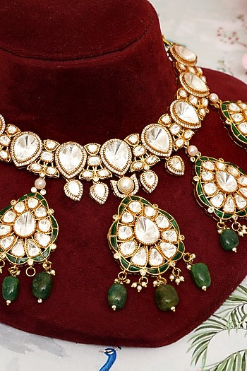 Gold Plated Kundan Polki & Emerald Drop Necklace Set