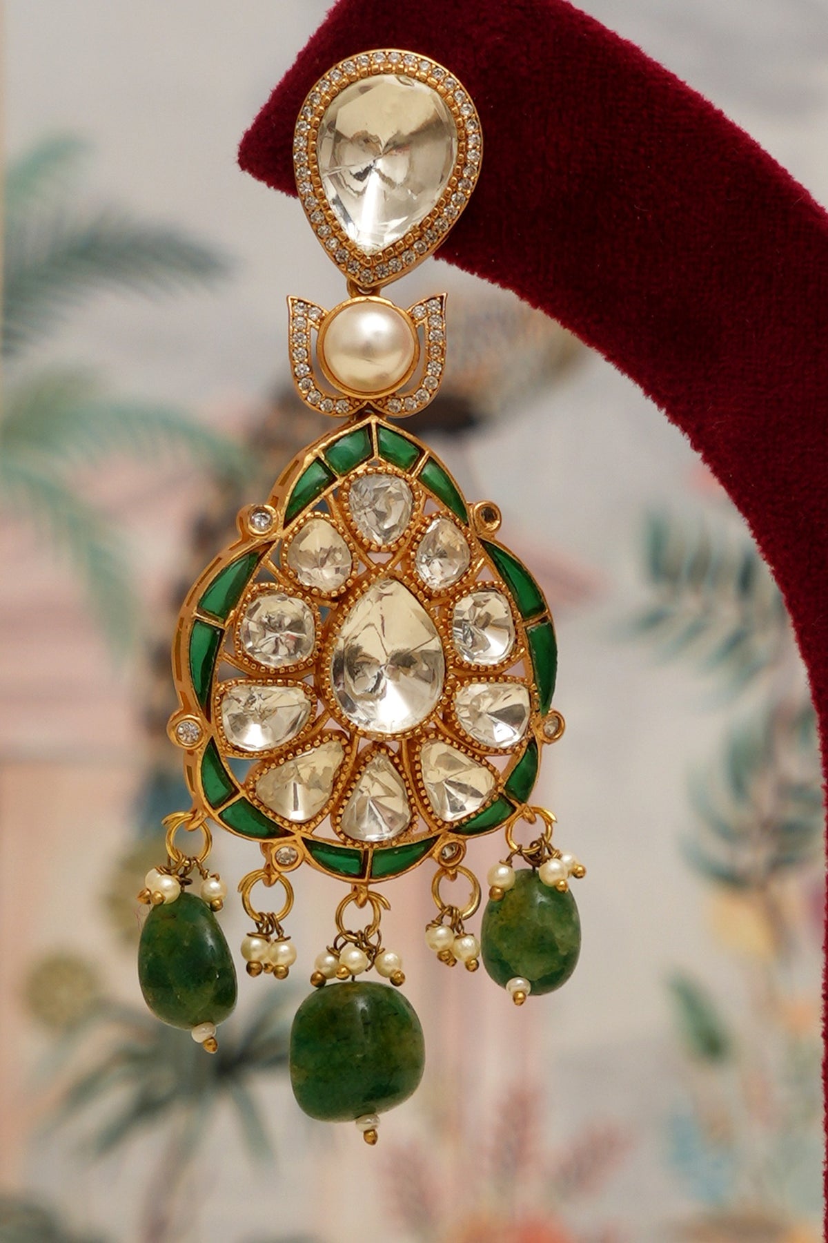Gold Plated Kundan Polki & Emerald Drop Necklace Set