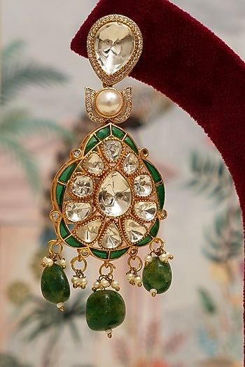 Gold Plated Kundan Polki & Emerald Drop Necklace Set