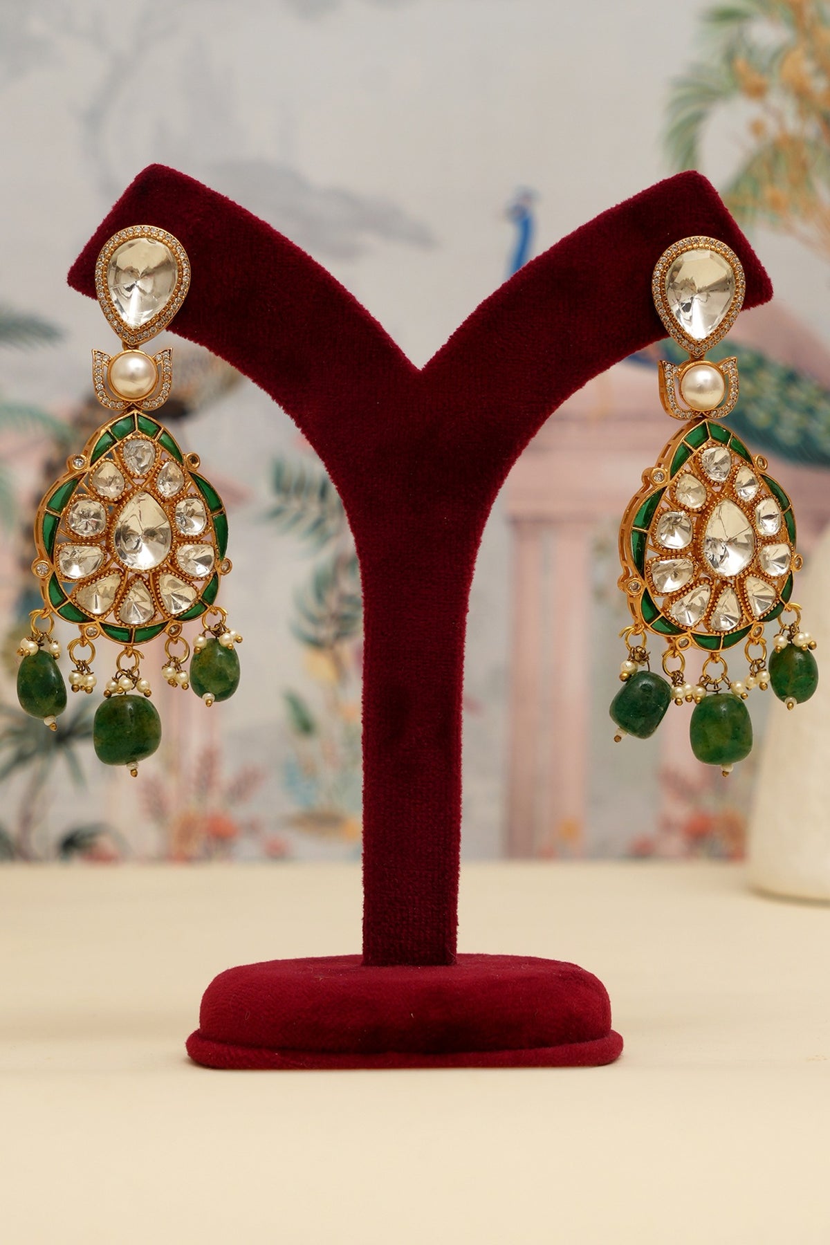 Gold Plated Kundan Polki & Emerald Drop Necklace Set