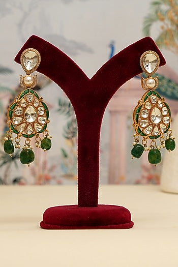 Gold Plated Kundan Polki & Emerald Drop Necklace Set