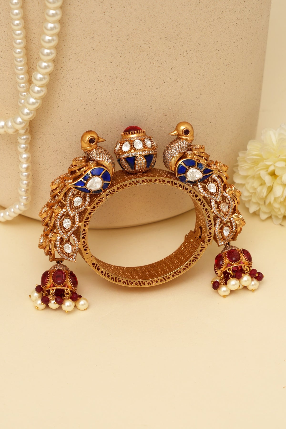 Gold Plated Kundan Polki & Peacock Motif Openable Kada