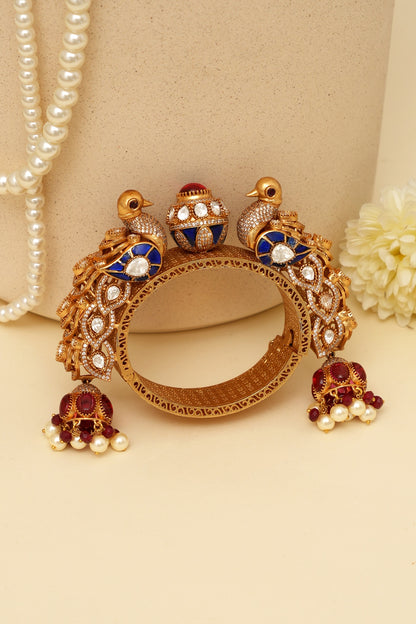 Gold Plated Kundan Polki & Peacock Motif Openable Kada