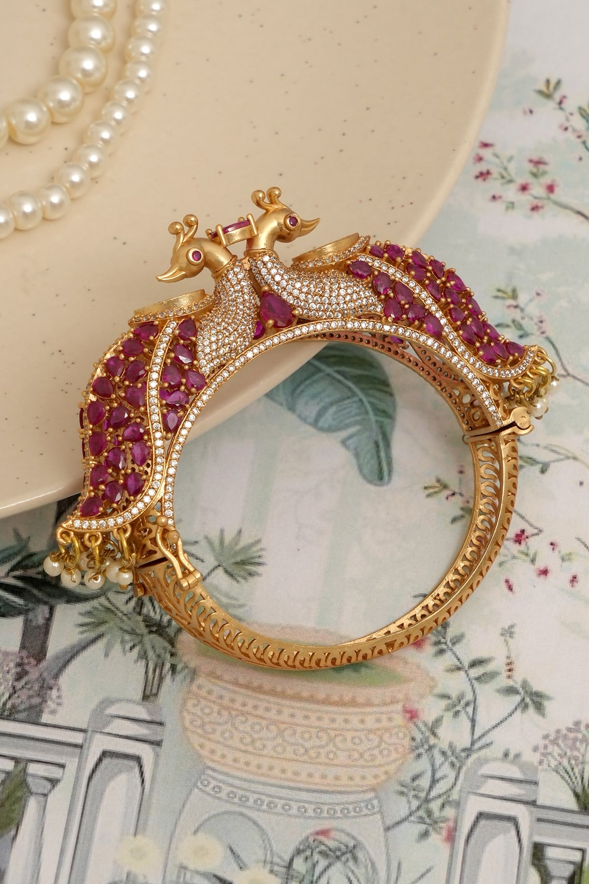 Gold Finish Red Kundan Polki Peacock Openable Kada