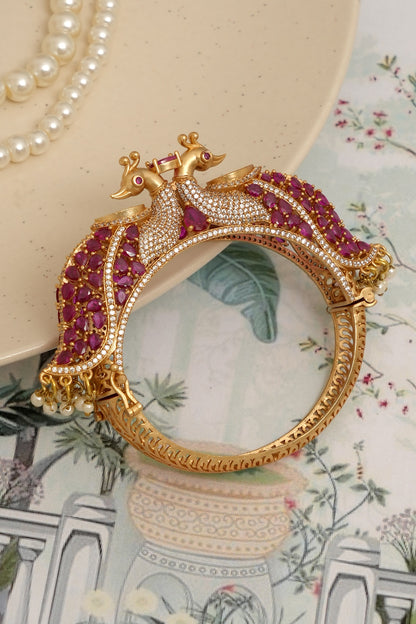 Gold Finish Red Kundan Polki Peacock Openable Kada