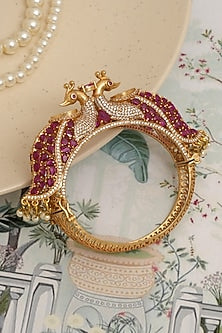 Gold Finish Red Kundan Polki Peacock Openable Kada