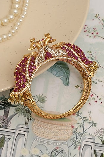 Gold Finish Red Kundan Polki Peacock Openable Kada