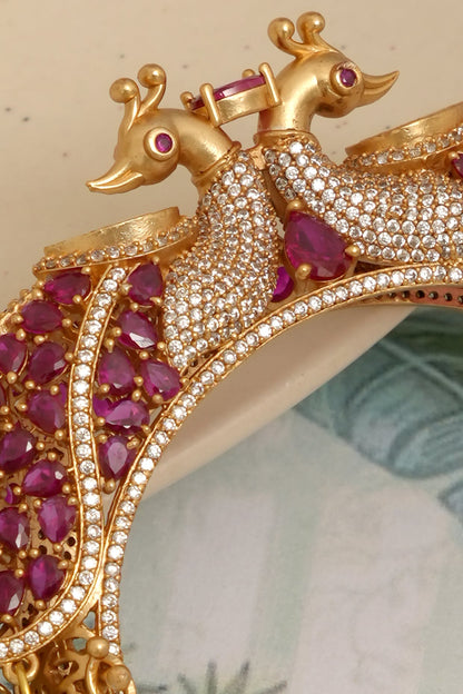 Gold Finish Red Kundan Polki Peacock Openable Kada