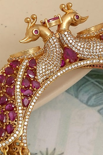 Gold Finish Red Kundan Polki Peacock Openable Kada
