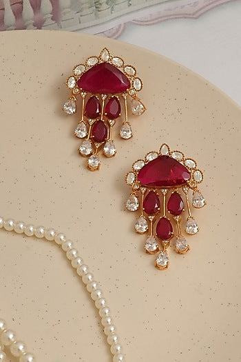 Gold Plated Kundan Polki & Ruby Dangler Earrings