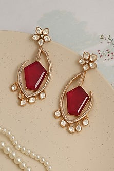 Gold Plated Kundan Polki & Ruby Dangler Earrings