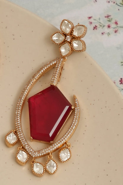 Gold Plated Kundan Polki & Ruby Dangler Earrings