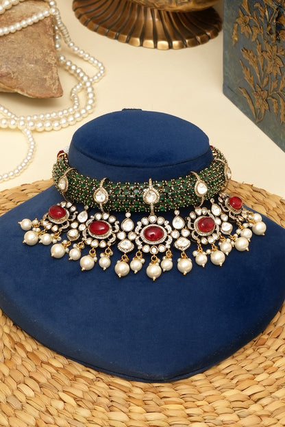 Gold Plated Kundan Polki & Multi-Colored Doublet Stone Necklace Set