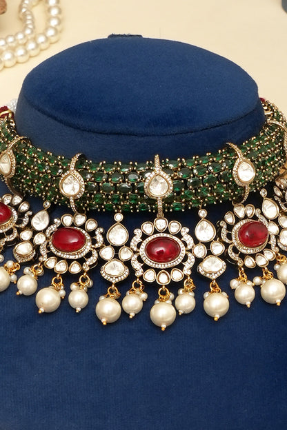 Gold Plated Kundan Polki & Multi-Colored Doublet Stone Necklace Set