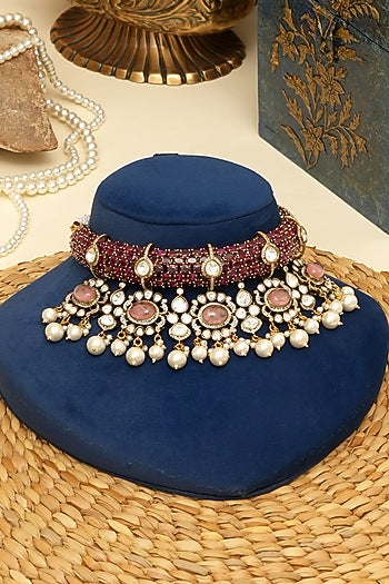 Gold Plated Kundan Polki & Multi-Colored Doublet Stone Necklace Set