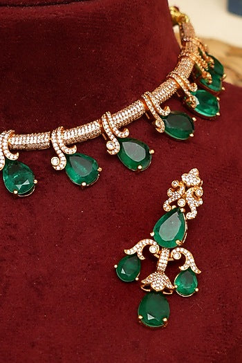Gold Plated Kundan Polki & Emerald Necklace Set