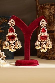 Gold Plated Kundan Polki & Ruby Dangler Earrings