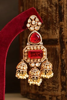 Gold Plated Kundan Polki & Ruby Dangler Earrings
