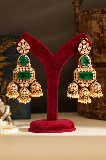 Gold Plated Kundan Polki & Emerald Dangler Earrings
