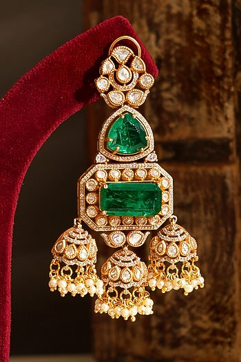 Gold Plated Kundan Polki & Emerald Dangler Earrings