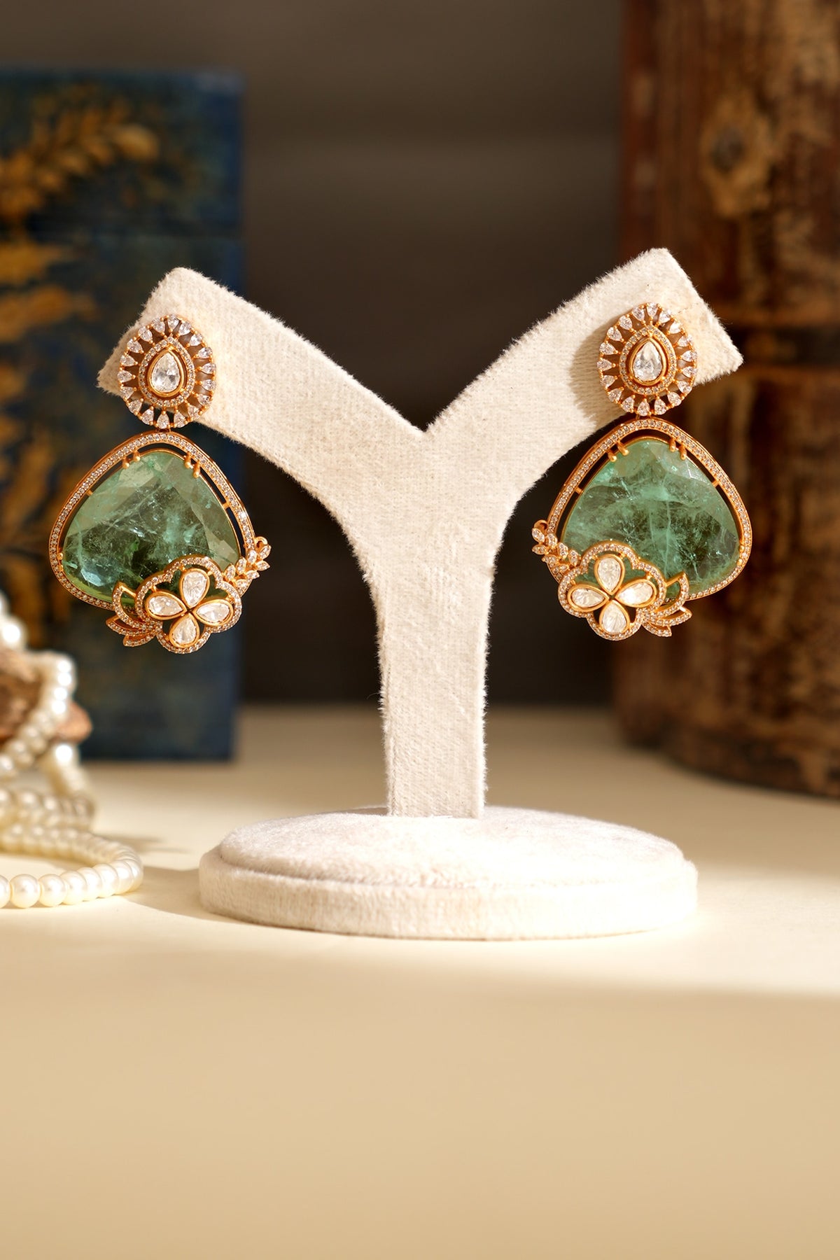 Gold Plated Kundan Polki & Mint Doublet Stone Dangler Earrings