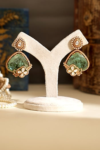 Gold Plated Kundan Polki & Mint Doublet Stone Dangler Earrings