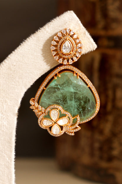 Gold Plated Kundan Polki & Mint Doublet Stone Dangler Earrings