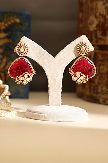 Gold Plated Kundan Polki & Ruby Doublet Stone Dangler Earrings