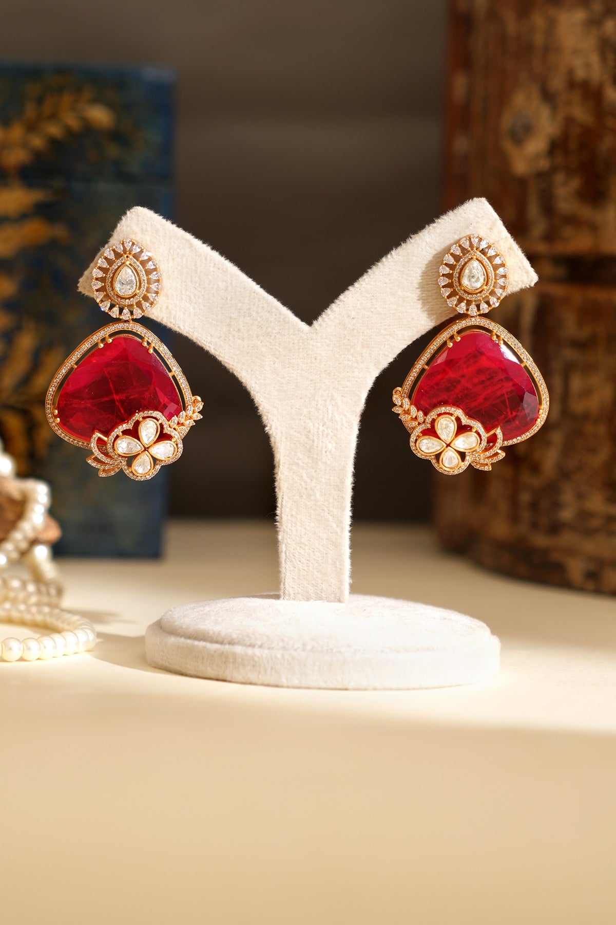 Gold Plated Kundan Polki & Ruby Doublet Stone Dangler Earrings