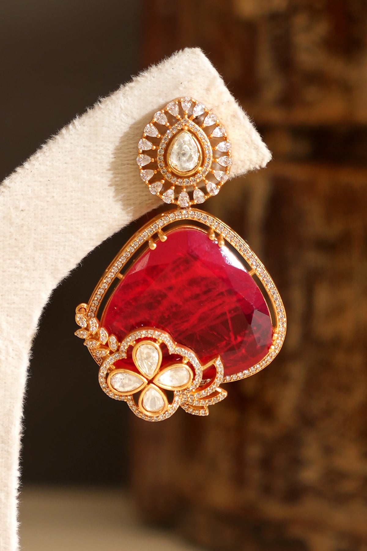 Gold Plated Kundan Polki & Ruby Doublet Stone Dangler Earrings