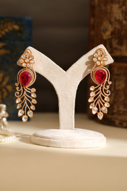 Gold Plated Kundan Polki & Ruby Stone Dangler Earrings