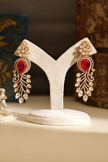 Gold Plated Kundan Polki & Ruby Stone Dangler Earrings