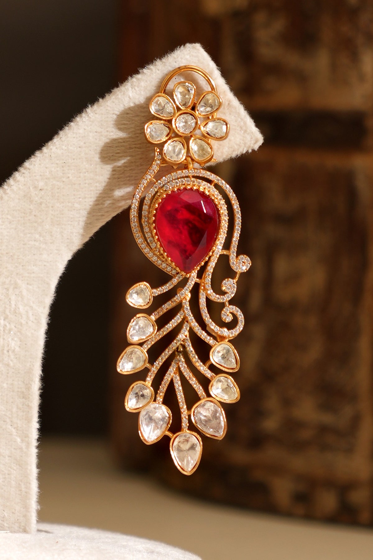 Gold Plated Kundan Polki & Ruby Stone Dangler Earrings