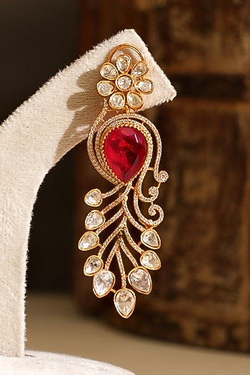 Gold Plated Kundan Polki & Ruby Stone Dangler Earrings