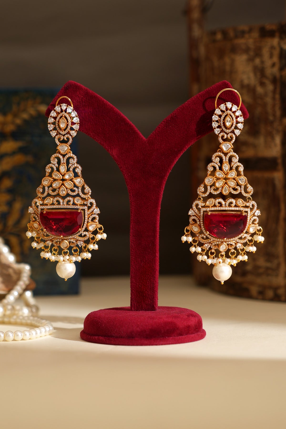Gold Plated Kundan Polki & Ruby Doublet Stone Dangler Earrings