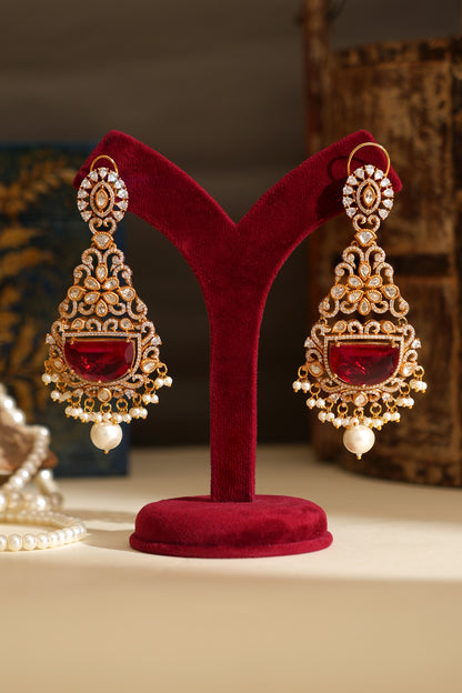 Gold Plated Kundan Polki & Ruby Doublet Stone Dangler Earrings