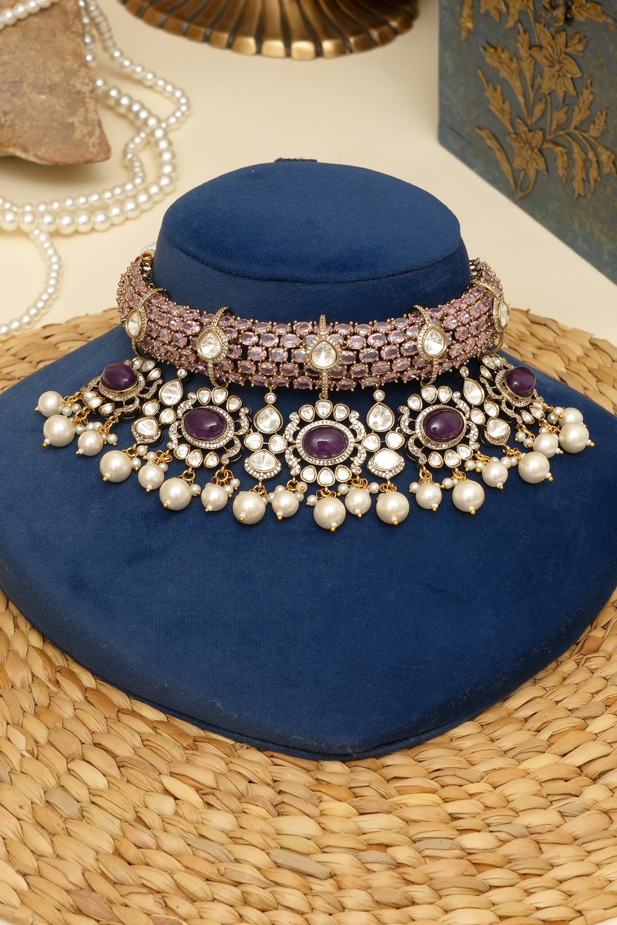 Gold Plated Kundan Polki & Multi-Colored Doublet Stone Necklace Set