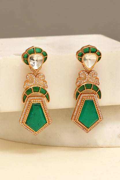Gold Plated Kundan Polki & Mint Stone Dangler Earrings