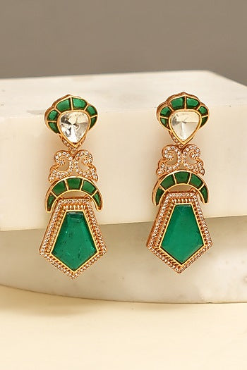 Gold Plated Kundan Polki & Mint Stone Dangler Earrings