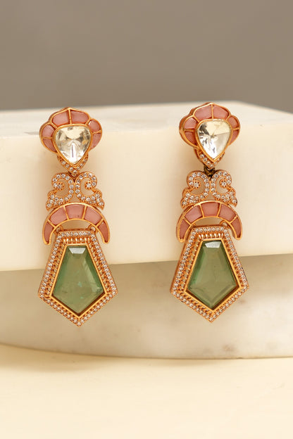 Gold Plated Kundan Polki & Mint Stone Dangler Earrings