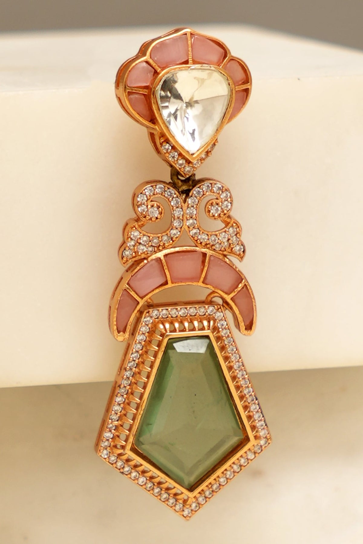 Gold Plated Kundan Polki & Mint Stone Dangler Earrings