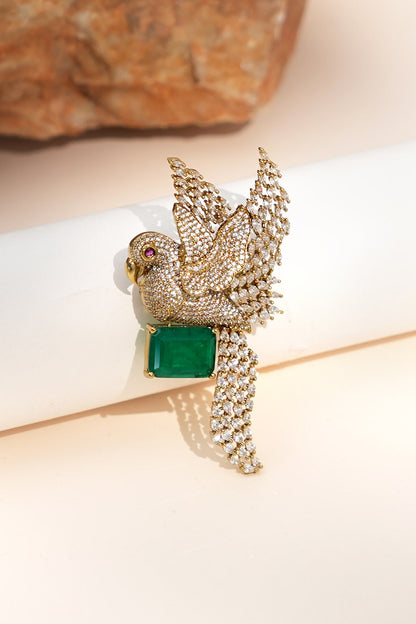 Gold Finish Diamond & Green Stone Sky Songbird Brooch