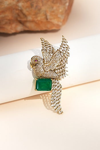 Gold Finish Diamond & Green Stone Sky Songbird Brooch