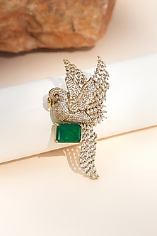 Gold Finish Diamond & Green Stone Sky Songbird Brooch