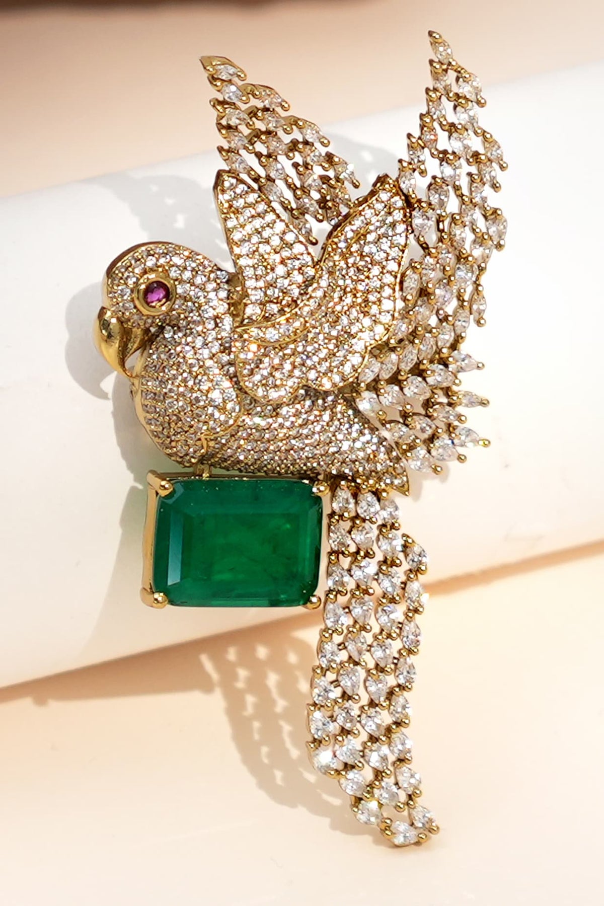 Gold Finish Diamond & Green Stone Sky Songbird Brooch